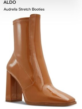 Aldo Patent Leather Block Heel Ankle Boots - Tan
